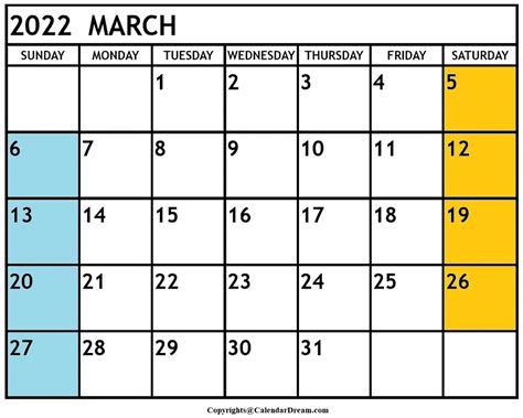 Printable March 2022 Calendar With Holidays in PDF Word | Calendar Dream