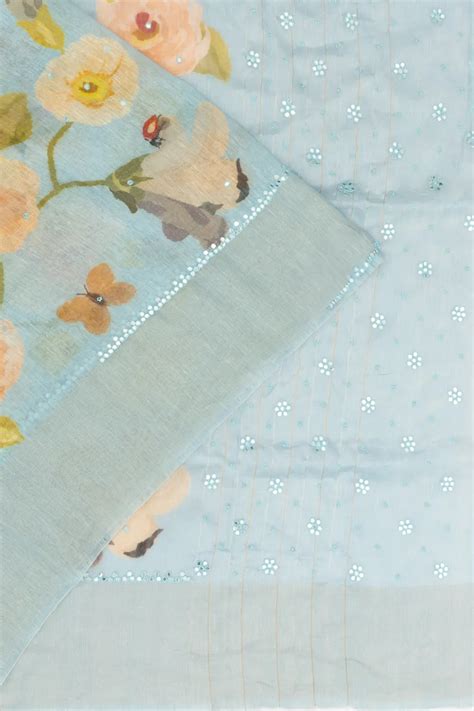 Linen Floral Printed Pastel Blue Saree With Mirror 