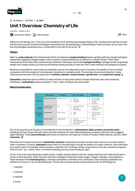AP Bio – Unit 1 Overview Chemistry of Life Fiveable - f All Subjects ...