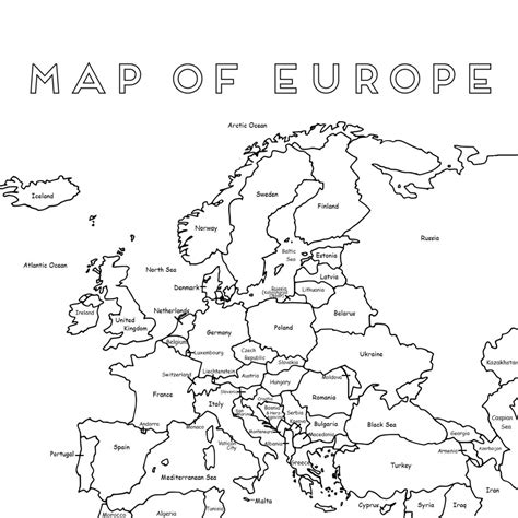 Printable Map of Europe Black and White | Europe map, Europe map printable, Map