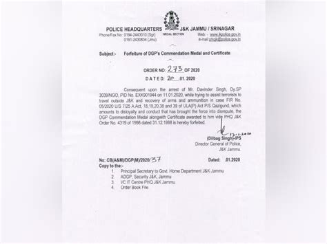 Suspended J-K cop Davinder Singh's DGP commendation medal forfeited