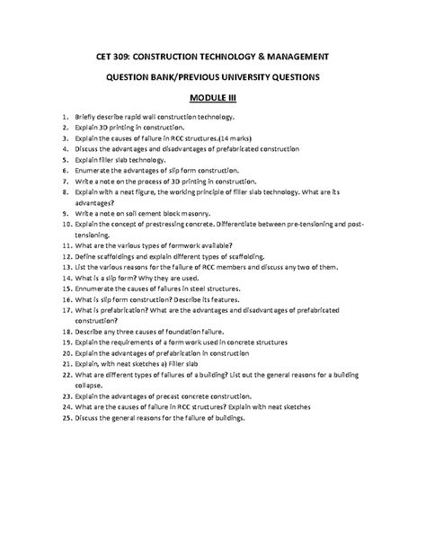 CET 309 - QB/Previous Qs for Construction Tech & Management (Module III ...