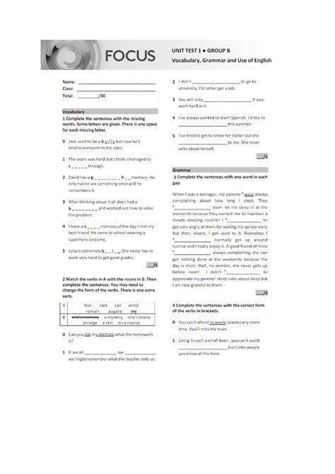 FOCUS 4 2e UNIT 1 TEST - Język angielski - Studocu