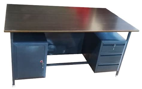 Wood Finish Office Table Computer Desk with Iron Metal Stand 4 Drawer ...