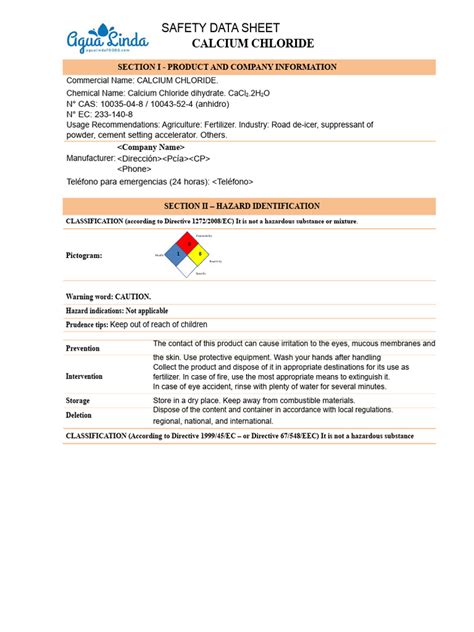 Calcium chloride safety data sheet | PDF | Dangerous Goods ...