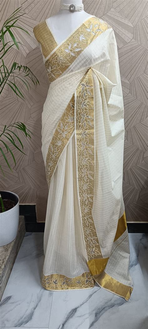 Floral Cut Work Cotton Kasavu Saree – House of Rosa