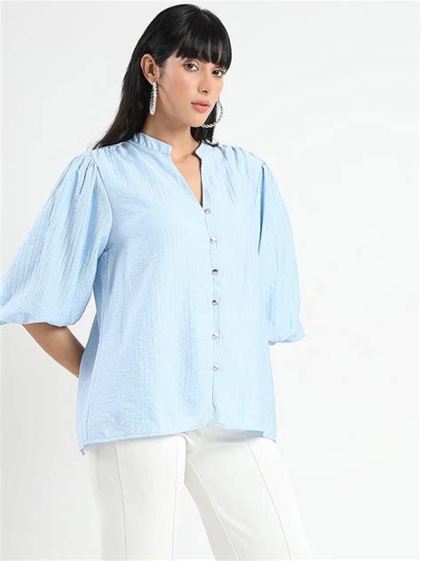 Madame Textured Ruffle Neck Rayon Blend Blue Top