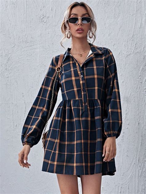 SHEIN LUNE Plaid Pattern Button Front Dress | SHEIN USA