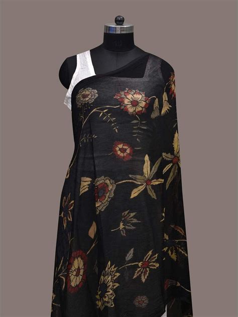 Black Kalamkari Hand Painted Georgette Dupatta with Floral Design ds24 ...