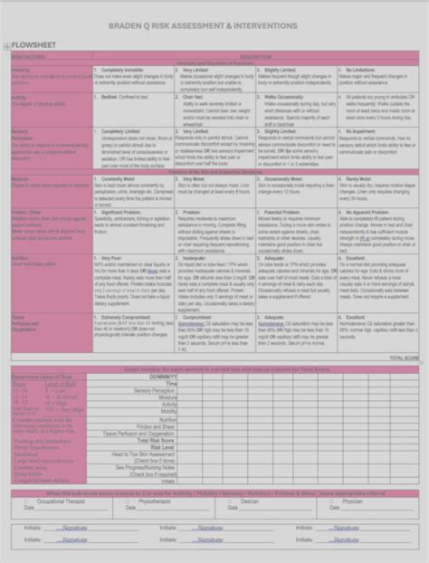 Braden Q Risk Assessment & Interventions Form - Etsy