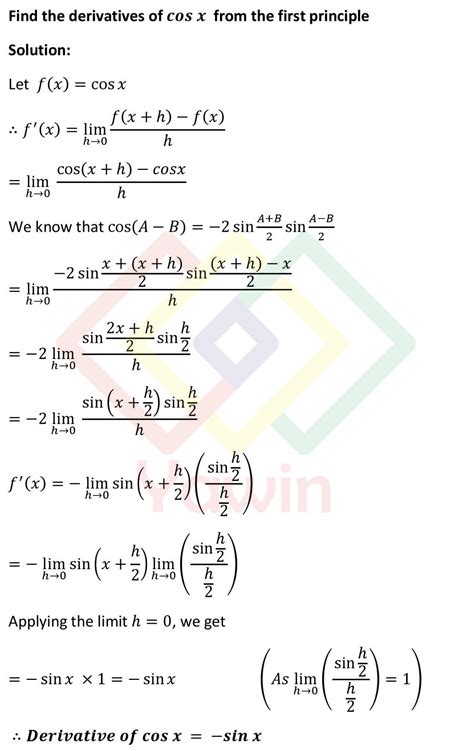Find the derivatives of cos x from the first principle – Yawin