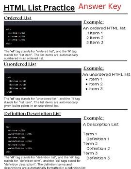 HTML Worksheet - Ordered, Unordered, and Definition Lists | TPT