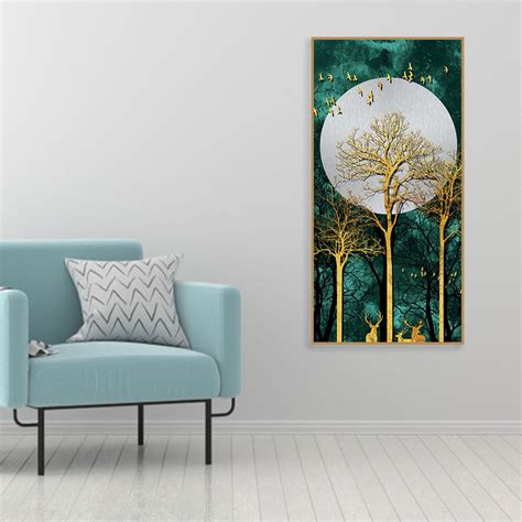 Golden Tree with Moon and Flying Birds Premium Canvas Wall Painting ...