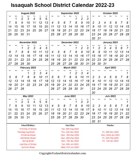 Issaquah School District Calendar 2022-2023 With Holidays in PDF
