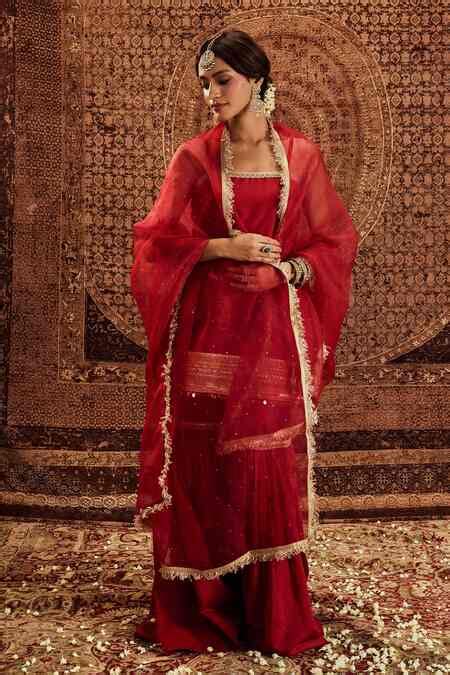 Buy Red Chanderi, Organza Lace, Sequins Square Sultana Strappy Kurta ...
