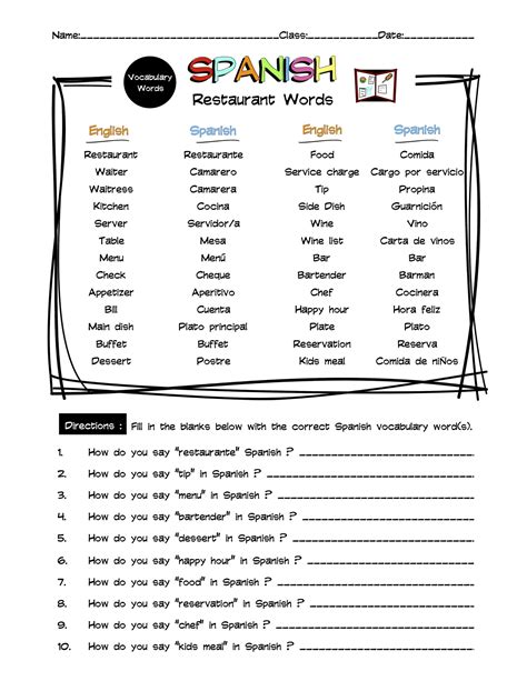 Spanish Restaurant Vocabulary Word List Worksheet & Answer Key | Made ...