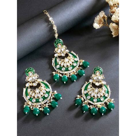 Buy Peora Green Kundan Studded Gold Plated Dangle Earrings & Maangtikka ...