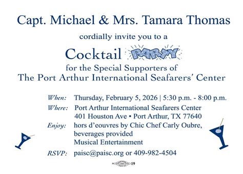 Cocktail Party benefitting Port Arthur International Seafarers Center ...
