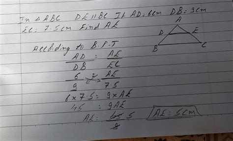 In triangle ️ABC,Seg DE||Side BC.If AD=6cm,DB=9cm ,EC=7.5cm, then ...