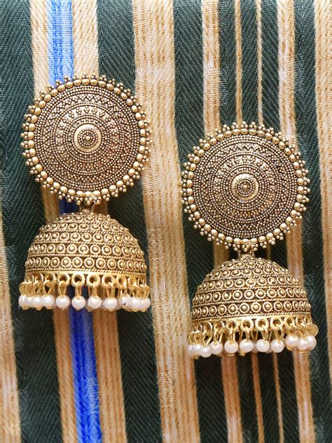 Handmade Beaded Oxidized White Pearl Jhumka Earrings - Traditional Gold ...