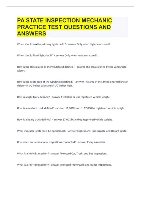 PA STATE INSPECTION MECHANIC PRACTICE TEST QUESTIONS AND ANSWERS. - PA ...