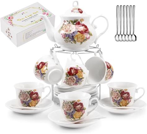 Amazon.com | Suttmin 21 Pcs Porcelain Teapot Set with Metal Holder and ...