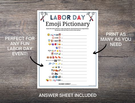 Labor Day Emoji Pictionary Game: Printable Trivia Activity (PDF ...