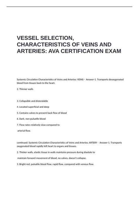 VESSEL SELECTION, CHARACTERISTICS OF VEINS AND ARTERIES- AVA CERTIFICATION EXAM - AVA - Stuvia US