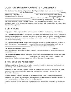 Contractor Non Compete Agreement Template Form - Fill Online, Printable ...