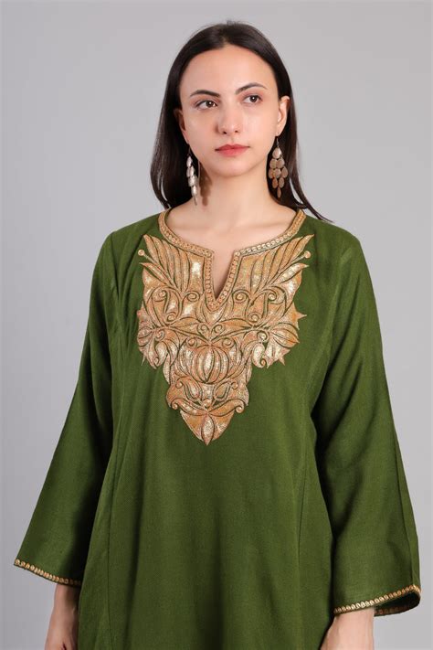 Olive Golden Boti Tilla Embroidered Kashmiri Pheran | Pure Wool ...
