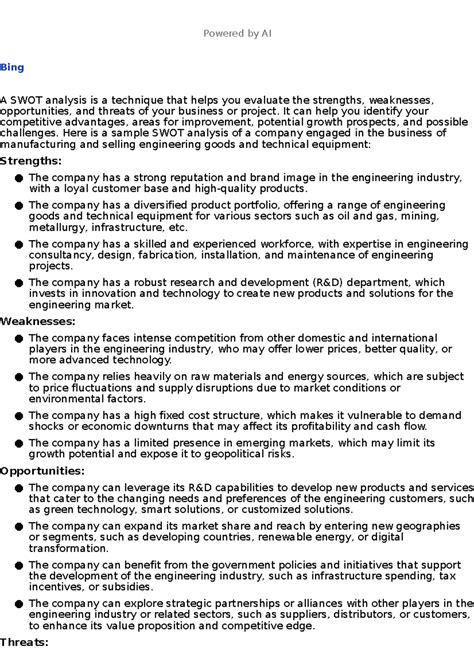 Answer - Powered by AI Bing A SWOT analysis is a technique that helps ...