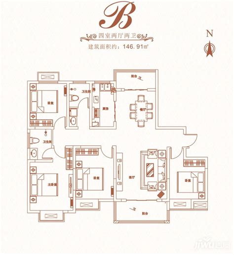 信阳东泰华瑞天成B户型户型图_首付金额_4室2厅2卫_146.91平米 - 吉屋网