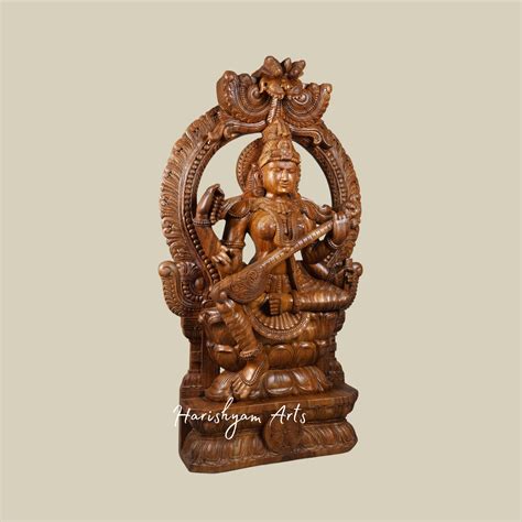60" Large Saraswati Statue Four-Armed Goddess Seated on Kirtimukha Thr