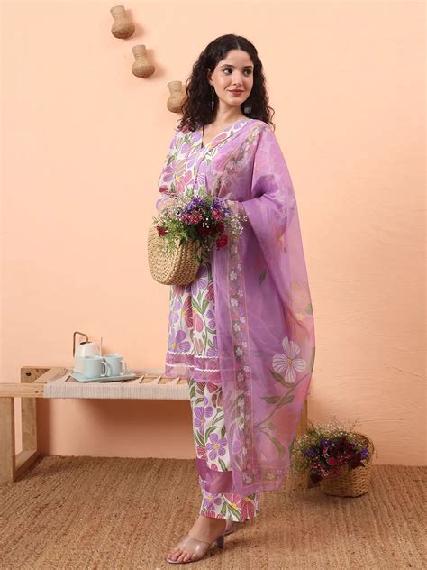 White And Purple Floral Print Lace Work A-Line Kurta Trouser Dupatta S ...