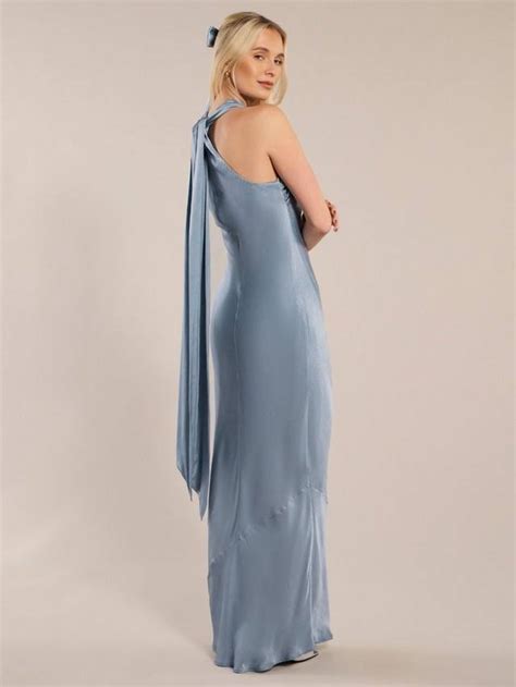 Rewritten Roma Satin Halter Neck Bridesmaids Dress, Pale Blue, 18