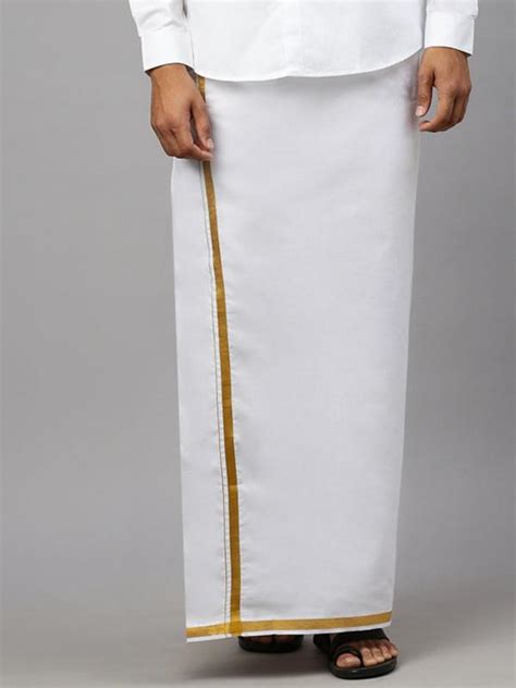 Men 100% Cotton Single Layer White Dhoti with 3/4" Gold Jari Border Aaren
