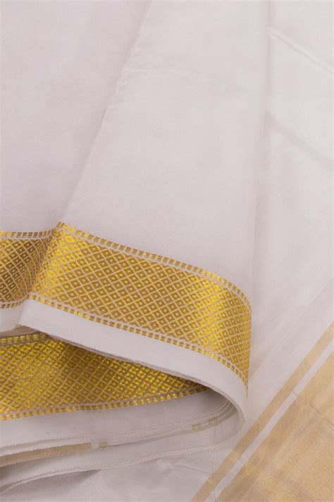 Pearl Mist White Kanjivaram Silk 9 x 5 Dhoti With Gold Zari Border 100 ...