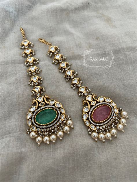 Saumya Peacock Motif Gold Plated Polki Kundan Maang Tikka With Pearl C ...