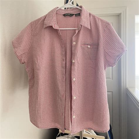 Eddie Bauer Women's Pink and White Shirt | Depop