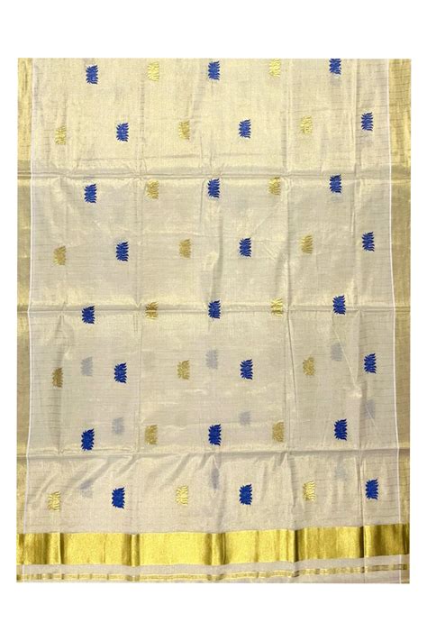 Southloom Kerala Tissue Kasavu Lines Saree with Blue Lotus Embroidery ...