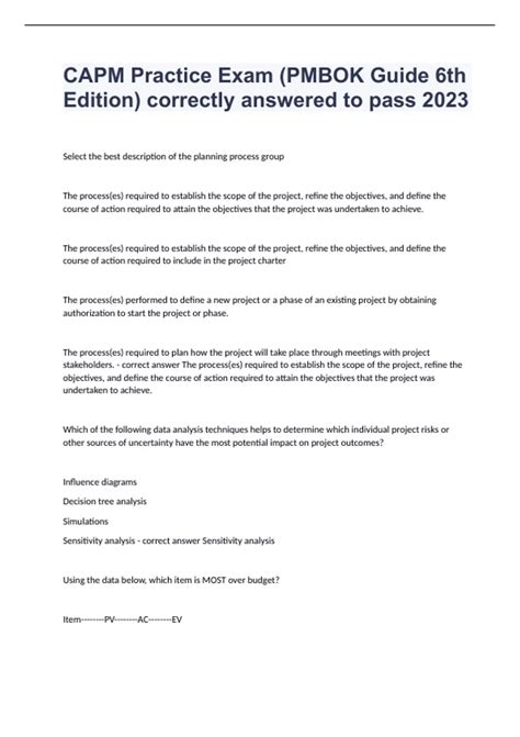 CAPM Practice Exam (PMBOK Guide 6th Edition) Questions with complete ...