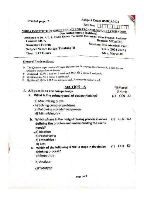 DT-II Sessional 1 Question Paper for BMICA0404 Design Exam - Studocu
