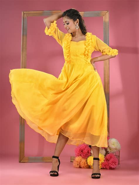 Yellow Georgette Dress With Ruffles – Charukriti