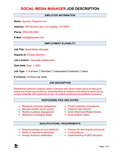 Free Social Media Manager Job Description Template | Sample - PDF | Word – eForms