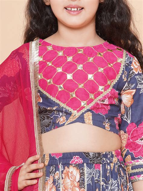 Shop Bitiya by Bhama Girls Blue & Pink Flower Printed with Embroidered ...
