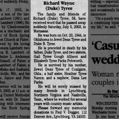 Obituary for Richard Wayne (Duke) Tyree - Newspapers.com™