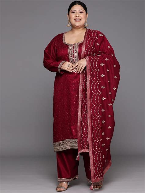 Buy Plus Size Maroon Embroidered Silk Blend Straight Kurta With ...