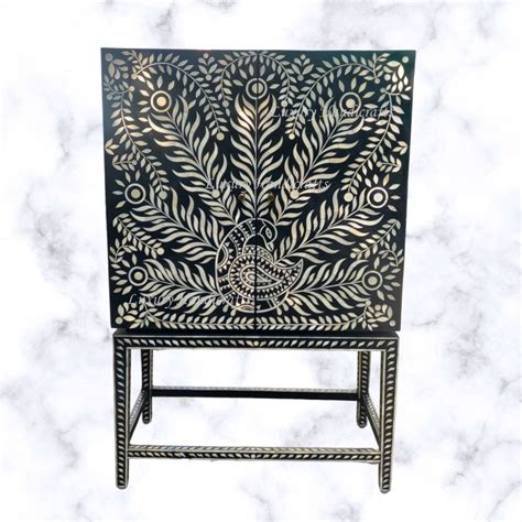 Peacock Design Bone Inlay Bar Cabinet Black – Luxury Handicrafts