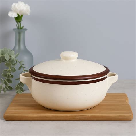 Matte Finish Ceramic Serving Donga with Lid and Handle (1500 ml, Off ...