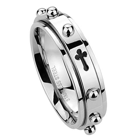 Double Accent 6MM Stainless Steel Cross Rosary Spinner Praying Ring, 5. ...